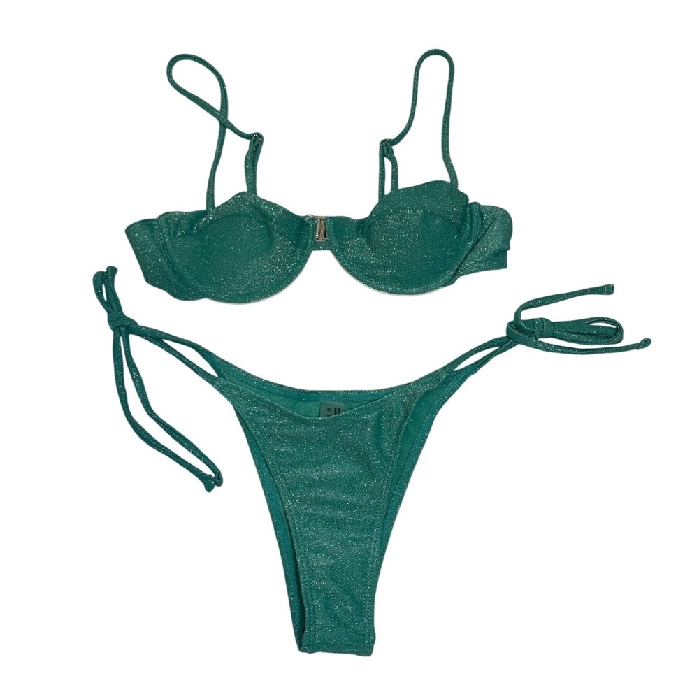 Teal Green Metallic Glitter Underwire Bikini Set Women SM Side Tie 2-Piece NEW